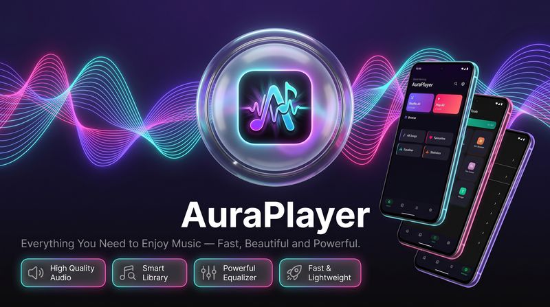 AuraPlayer offline music player app shown on three Android phones with neon audio waveforms