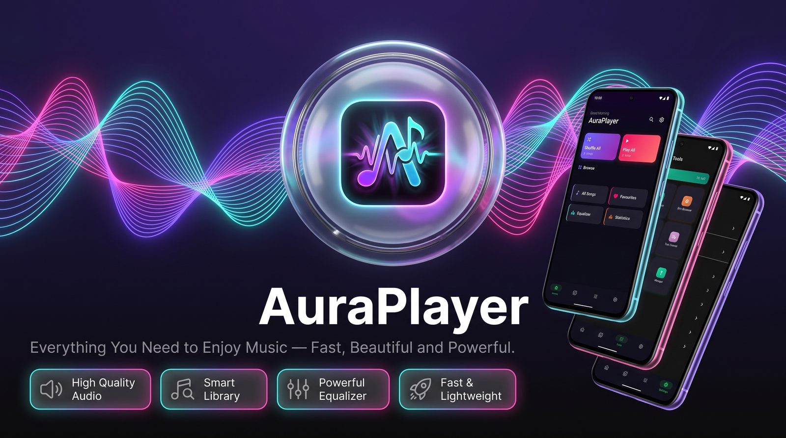 AuraPlayer offline music player for Android displayed on three phones showing the library, equalizer and full-screen player, surrounded by neon audio waveforms