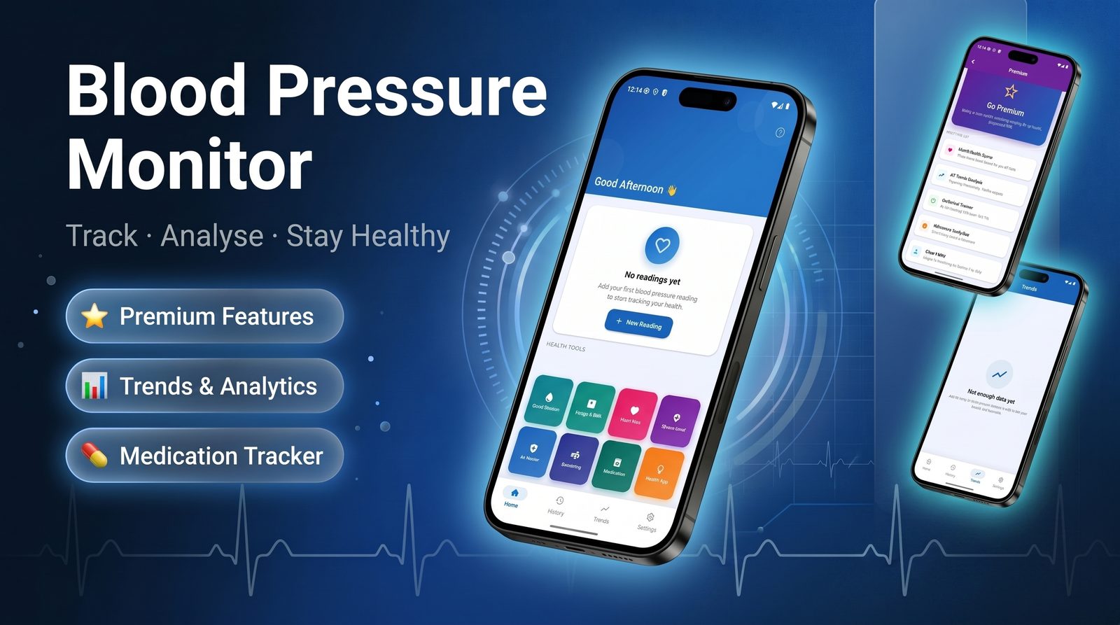 Blood Pressure Monitor app on three Android phones showing the health dashboard with tracking tiles, a readings list and a trend chart over an ECG line