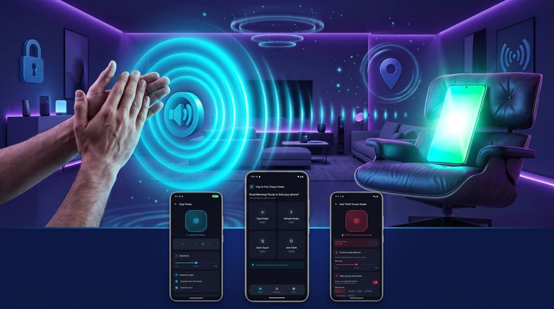 Hands clapping to make a lost phone ring in a living room, with three Clap and Find app screens
