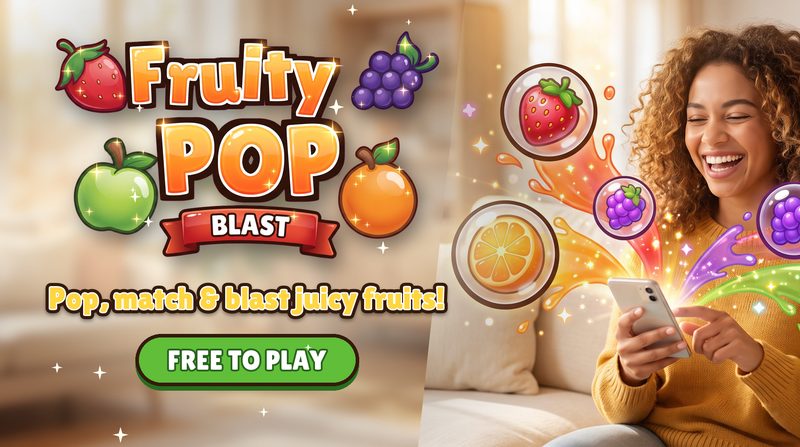 Fruity Pop Blast fruit bubble shooter game logo with a smiling player and fruit bubbles bursting from her phone