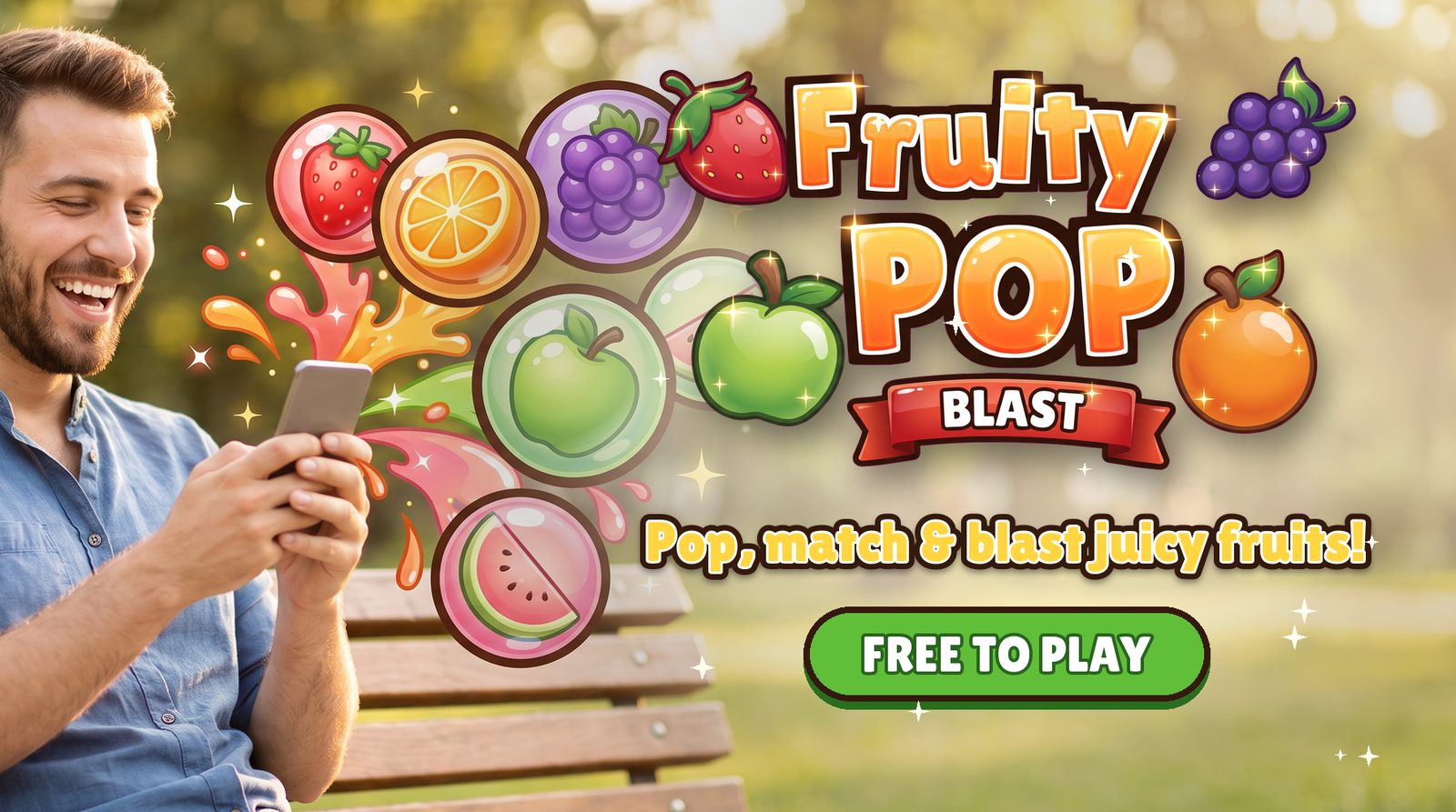 A smiling man plays Fruity Pop Blast on his phone on a park bench while glossy fruit bubbles burst out of the screen next to the game logo