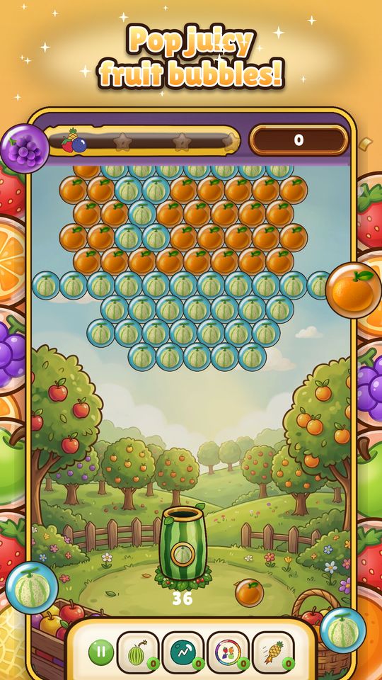 Fruity Pop Blast gameplay: aim the watermelon cannon at rows of glossy fruit bubbles