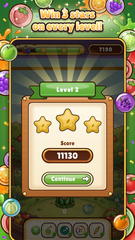 Level complete screen with three gold medals in Fruity Pop Blast