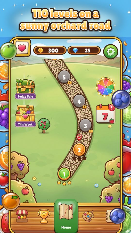 The winding orchard road map with 110 levels in Fruity Pop Blast