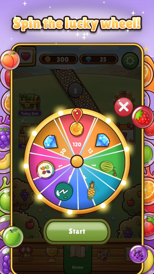 The lucky prize wheel with coins, gems and boosters in Fruity Pop Blast
