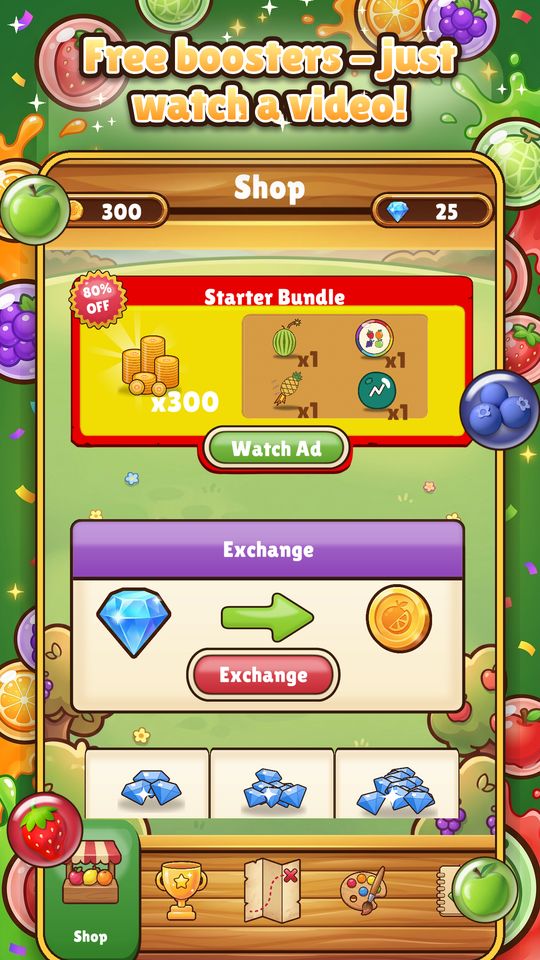 The shop where coins, gems and boosters are unlocked by watching a video in Fruity Pop Blast