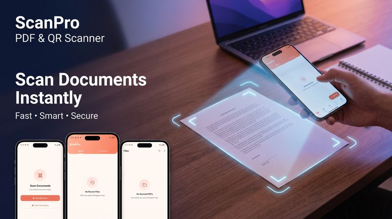 ScanPro app scanning a paper document on a desk alongside three Android phone screens