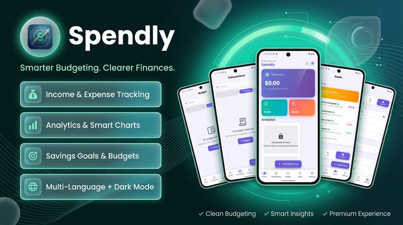 Spendly budget tracker app shown on five Android phones with budgets, analytics and savings goals